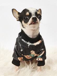 PETSIN 1 Printed Brown Bear Flannel Sweatshirt, Thick And Warm For Pets In Autumn And Winter, Black