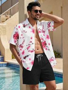 Manfinity Swimmode 印花短袖纽扣衬衫短裤套装，休闲款 - 彩色 - 查看 2