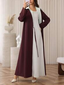 Al Najma 女士复古棕色二合一衬衫领防风夹克，长款系带修身及膝外套 - 酒紅色 - 查看 4