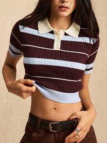 Easelle Áo len nữ dài tay kẻ sọc, lệch vai, thời trang, đa năng. - Nhiều màu - Xem 1