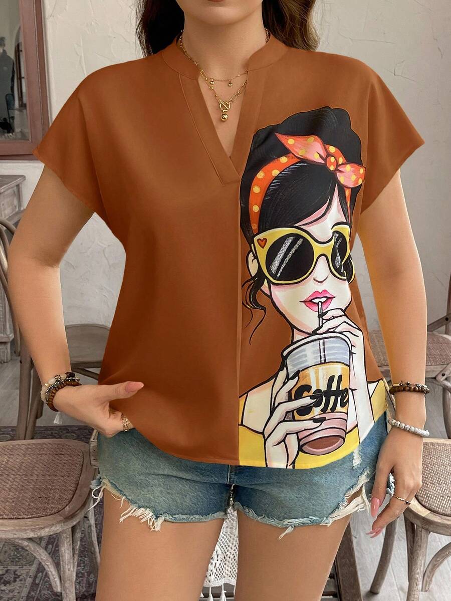 SHEIN LUNE 大码女装女孩肖像印花黄色短袖衬衫,西部风格,波西米亚风,90年代复古风,适合夏季外出、春季穿着,适合圣帕特里克节、复活节等节日,也适合夏季度假、复活节锐舞节、波西米亚乡村风、乡村音乐会等场合。 - 棕色 - 查看 1