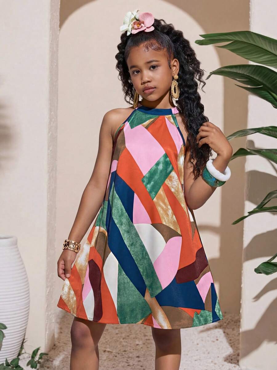 SHEIN Tween Girls' Elegant Halter Neck Open Shoulder Geometric Print A-Line Dress, Summer - Multicolor - View 1