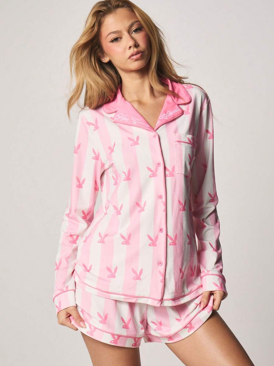Missguided x Playboy 女士粉色兔子印花睡衣套装，长袖纽扣衬衫配同款短裤，家居服 - 彩色 - 查看 1