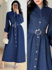 Feyla Đầm denim nữ cài cúc đơn, bất đối xứng, đính vòng kim loại. - Rửa trung bình - Xem 1
