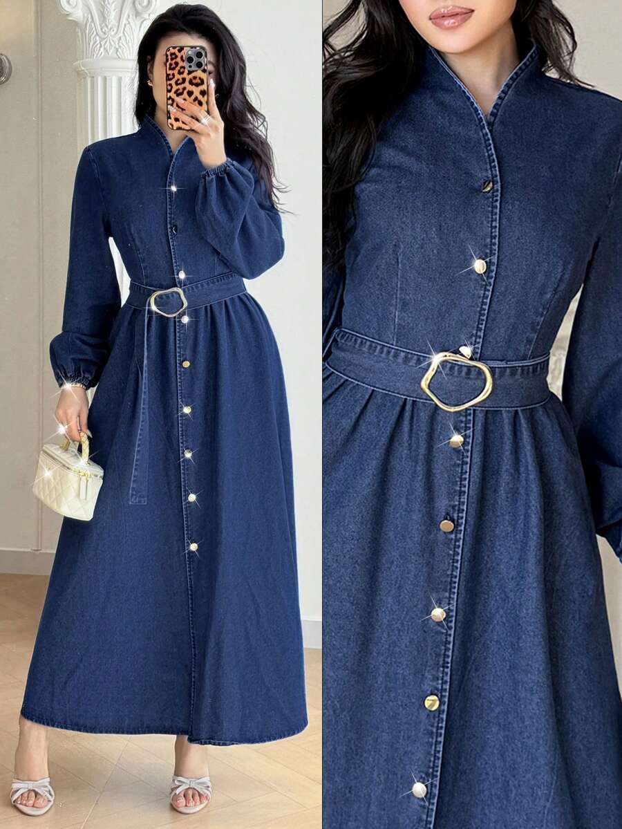 Feyla Đầm denim nữ cài cúc đơn, bất đối xứng, đính vòng kim loại. - Rửa trung bình - Xem 1