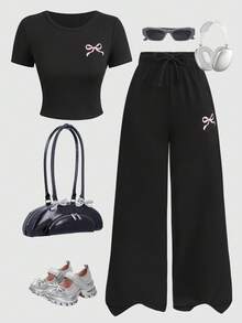 SHEIN 少女蝴蝶印花圆领短袖T恤和阔腿裤休闲套装 - 黑色 - 查看 4