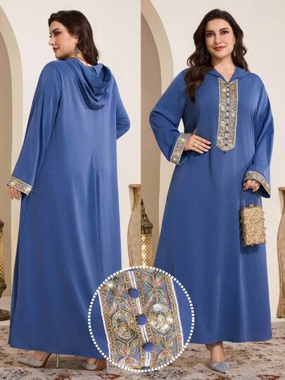 Al Najma Plus Size Women Elegant Floral Embroidery Hooded Arabic Style Dress Arabic Dress Muslim Clothes For Women