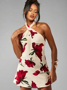 MISSGUIDED 花卉图案吊带迷你连衣裙，交叉前领扭结细节，夏季露背无袖派对连衣裙 - 白色 - 查看 1