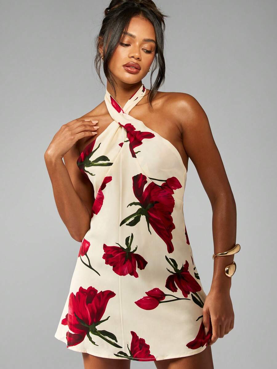 MISSGUIDED 花卉图案吊带迷你连衣裙，交叉前领扭结细节，夏季露背无袖派对连衣裙 - 白色 - 查看 1