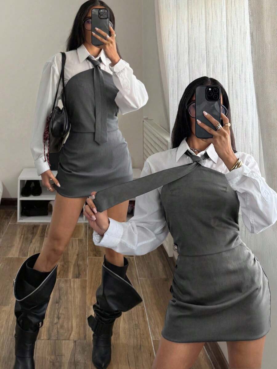 StreetHx Women's Tie Neck Ruched Mini Dress,Spring Break Outfits , Casual Dresses For Women - Dark Grey - View 1