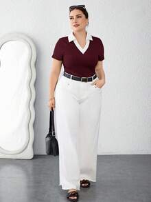 SHEIN Essnce 女士加大码黑白撞色二合一短袖T恤，百搭显瘦，春夏款 - 酒紅色 - 查看 3