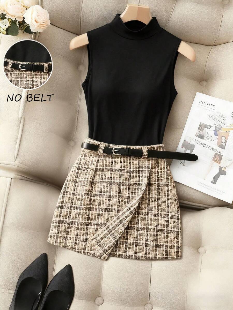 Franclia 法式高领马甲+不对称格纹半裙两件套，女士百搭春夏装 - 彩色 - 查看 1