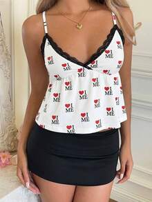 CovetEZ 女士春夏休闲吊带背心，个性化标语全印花撞色蕾丝吊带背心，情人节上衣，个性化标语上衣 - 彩色 - 查看 3