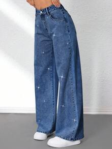 SHEIN Tall Women's Rhinestone Pocket Wide Leg Loose Casual Versatile Jeans - Medium Wash - View 3