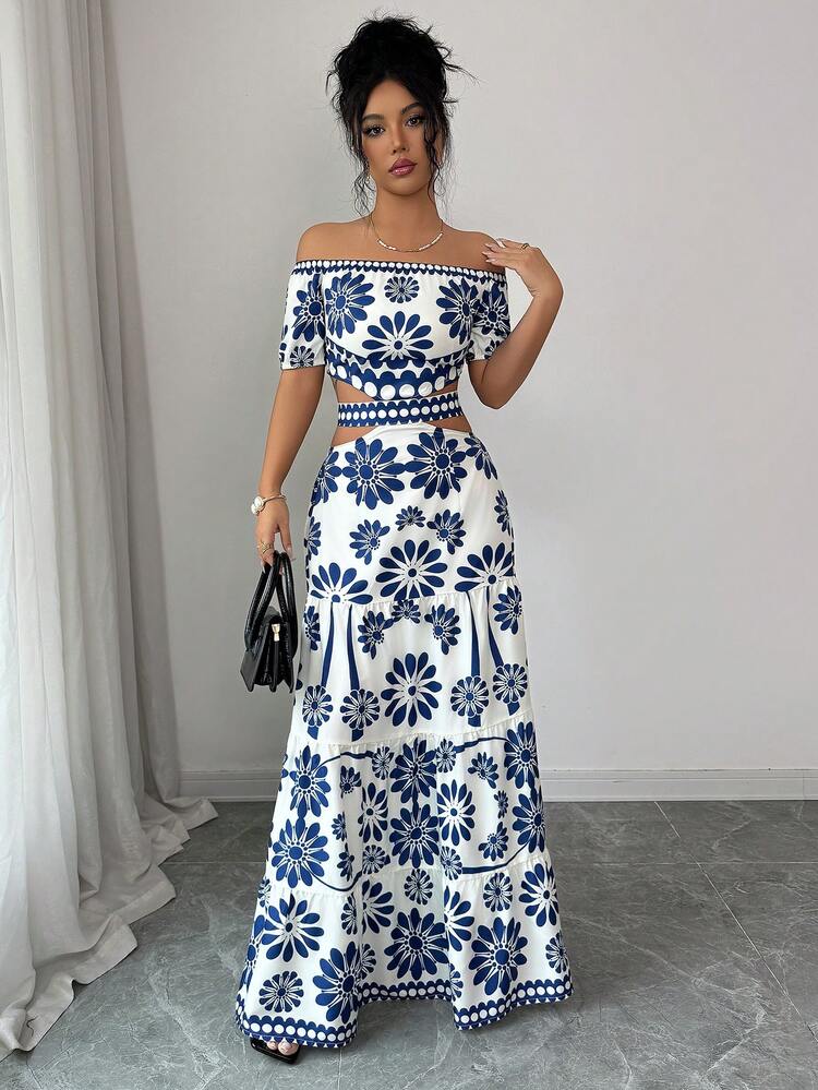 Elenzga Vestido de moda con estampado floral, hombros descubiertos, manga corta y cintura hueca - Azul - Añade 7