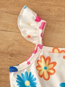 SHEIN Vintaside Kids 三件装女婴荷叶边吊带连衣裙，条纹配彩色花卉/粉色图案，甜美可爱，适合夏季玩耍和度假。 - 彩色 - 查看 9