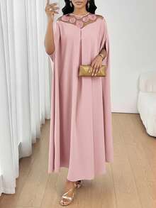 xheSHEIN Lady Vestido suelto de mujer elegante con mangas de murciélago de malla de contraste, otoñoxhe - Rosa vieja - Ver 5