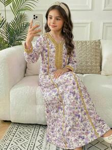 SHEIN Young Girl White Summer Traditional Arabian Dress Floral Print Long Sleeve Jalabiya For Wedding Al-Adha,Matching Mom & Daughter Kaftan Prayer Robe - Mauve Purple - View 10