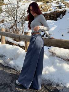 Abrilcols 秋冬新款休闲宽松弹力腰阔腿运动裤加厚保暖内衬百搭修身 - 深灰色 - 查看 1