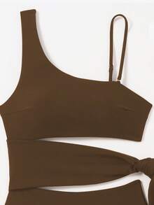 Swim Vcay 女士纯色镂空系带连体泳衣，适合海滩/度假穿着，棕色连体泳衣，镂空连体泳衣，棕色连体泳衣，曲线泳衣套装，全包覆泳衣，巧克力棕色连体泳衣，不对称镂空泳衣，单肩高衩泳衣，镂空连体泳衣，单肩泳衣，棕色比基尼侧镂空连体泳衣，度假风连体泳衣，2026夏季泳衣，显瘦泳衣，奢华度假装，度假必备 - 咖啡棕 - 查看 5