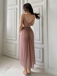 DAZY 透视蕾丝撞色网纱收腰高开衩露背吊带性感睡裙女士内衣 - 藕粉色 - 查看 2