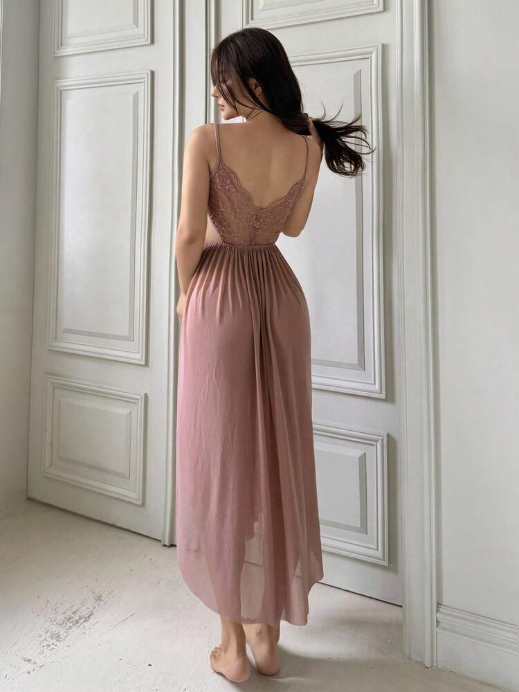 Sheer Lace Contrast Mesh Waist Cinching High Slit Backless Spaghetti Strap Sexy Nightgown Lingerie For Women