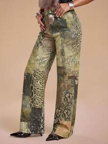 ROMWE Grunge Punk 复古Y2K性感动物纹嬉皮图案修身直筒女式牛仔裤 - 彩色 - 查看 5