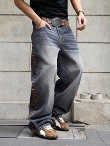 Manfinity EMRG Men's Animal Print Pocket Button Casual Versatile Commute Loose Fit Jeans - Light Grey - View 6