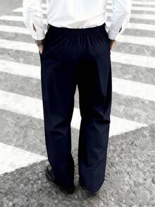 Manfinity Hypemode Men's Casual Pants With Press Crease And Slant Pockets, Young American Style Navy Blue Pants Wide Leg Pants Baggy Pants Dark Blue Pants - Navy Blue - View 2