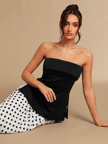 Silquee Bộ đồ 2 mảnh thanh lịch dành cho nữ mùa Xuân/Hè gồm áo quây đen và chân váy midi/chân váy chấm bi dáng chữ A, thích hợp cho các bữa tiệc, hẹn hò, đám cưới, lễ tốt nghiệp, các dịp trang trọng và các hoạt động về đêm. - màu đen - Xem 7