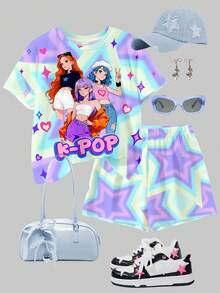 扎染彩色K-POP卡通女孩肖像，少女休闲简约舒适圆领短袖T恤短裤两件套，适合春夏日常穿着、运动、外出、街头时尚动漫T恤K-POP T恤可爱装扮E-girl服装动漫上衣 - 彩色 - 查看 2