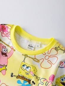 SpongeBob SquarePants | SHEIN 2 sztuki/zestaw chłopięcy, kreskówkowy, graficzny, z okrągłym dekoltem, długim rękawem, top i spodnie, dzianinowy, wygodny, swobodny, elastyczny komplet piżamowy - Żółty - Zobacz 3