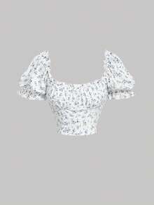 SHEIN MOD Áo thun tay phồng họa tiết hoa xanh trắng thanh lịch, giản dị, thoải mái cho mùa hè - Xanh và trắng - Xem 6