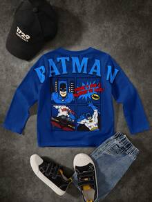 BATMAN X SHEIN Young Boy Cartoon Pattern Loose Fit Crew Neck Long Sleeve T-Shirt - Navy Blue - View 1