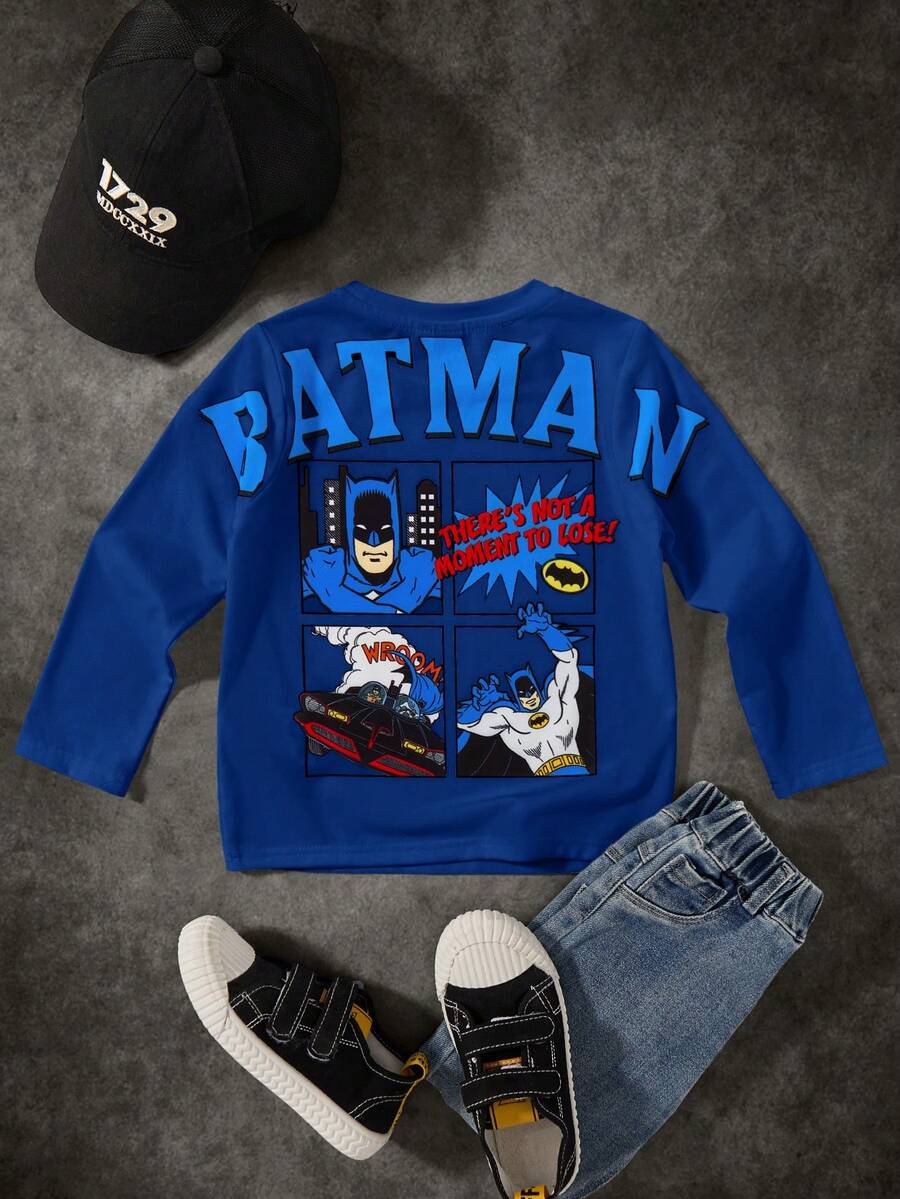 BATMAN X SHEIN Young Boy Cartoon Pattern Loose Fit Crew Neck Long Sleeve T-Shirt - Navy Blue - View 1