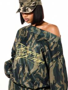 SUMWON WOMEN Oversized Off Shoulder Camouflage Sweatshirt With Script Print Long Sleeve Boxy Fit Pullover For Casual Winter Fall Style - Army Green - View 4