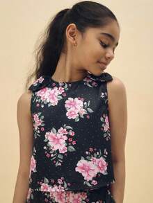 SUMWON Conjunto de dos piezas de verano para niñas con top sin mangas con estampado floral y shorts, con flores rosas sobre fondo azul marino, para ocasiones festivas, casual y vacaciones - Negro - View 3
