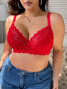 1pc Women Plus Size Lace Patchwork Comfortable Underwire Bra - Red - View 4