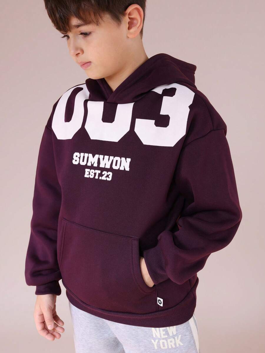 SUMWON Boys Burgundy Number Print Hoodie With Centre Pocket Long Sleeve Pullover Sweatshirt For Fall Winter Casual Wear - Purple - View 1