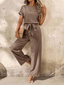 SHEIN Clasi 大码女式纯色蝙蝠领宽松连体裤 - 棕色 - 查看 4