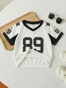 SHEIN Playful Pals 1pc Toddler Baby Boys Sporty Active American Football Style White Black Colorblock Number 89 Star Letter Graphic Print Short Sleeve V-Neck Pullover Soft Breathable Mesh Texture T-Shirt Tee Top Jersey Shirt Clothes Outfits For Sport Playwear Daily Summer Spring - Black and White - View 7