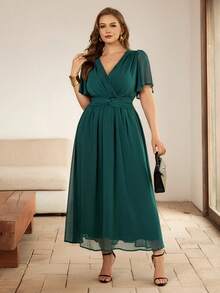 Roveilla 女士雪纺褶皱面料交叉收腰扭结露背褶皱松紧腰A字喇叭袖长连衣裙，优雅法式复古办公室通勤商务休闲街头风，百搭下午茶派对春夏装 - 墨綠色 - 查看 3