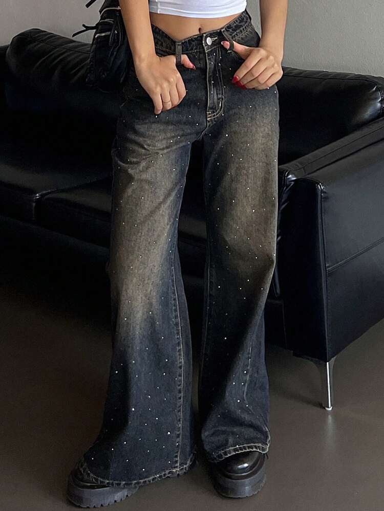 Women's Rhinestone Embellished Flared Distressed Korean Style Jeans