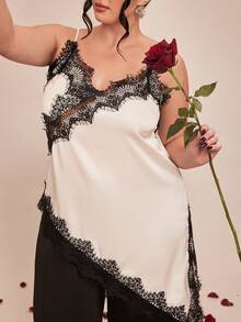 SHEIN BAE Áo kiểu thanh lịch viền ren đen trắng cho ngày Valentine xuân/hè, áo gợi cảm cỡ lớn. - Đen và trắng - Xem 7