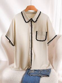 CosyJoli Plus Size Women's Summer Casual Vacation Style Contrast Wave Tape Trim Patchwork Pocket Loose Shirt - Apricot - View 1