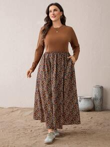 SHEIN Essnce Women's Plus-Size Brown Polka Autumn Boho Vacation Maxi Dress,Long Sleeve Floral Waist Dress With Pockets,Casual Spring Country Style - Brown - View 5