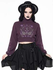 ROMWE Goth Suéter corto de cuello alto en color oscuro para mujer, blusa de punto con mangas abullonadas y estampado jacquard de piel de serpiente y mariposa vintage, otoño/invierno - Morado - Ver 6