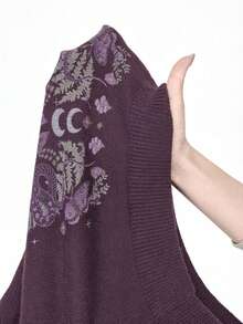 ROMWE Goth Suéter corto de cuello alto en color oscuro para mujer, blusa de punto con mangas abullonadas y estampado jacquard de piel de serpiente y mariposa vintage, otoño/invierno - Morado - Ver 9
