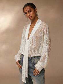 SHEIN Glamour 薄纱蕾丝衬衫，棕色蕾丝女式衬衫 - 白色 - 查看 9