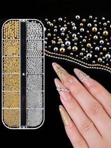 1套磁性美甲笔和12格金属珠，金色银色迷你鱼子酱美甲饰品，磁性凝胶指甲油工具，适用于猫眼宝石美甲DIY，美甲装饰，美甲师沙龙派对日常使用美甲工具套装，美甲配件 - 彩色 - 查看 2